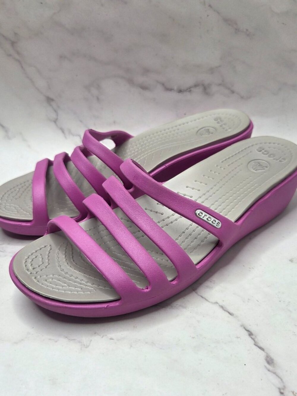 Crocs Rhonda Pink Strappy Wedges Sandals Water Shoes Women's 9